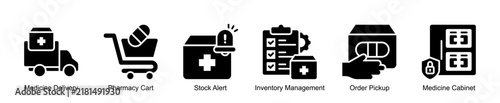Medicine Supply Process Flow Infographic Solid Style Icon Set