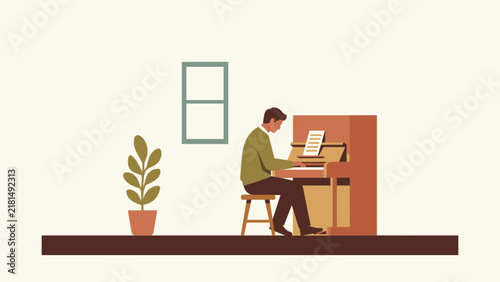 A man plays a piano in a room with a plant and a window, creating a serene musical atmosphere, captured in a minimalist flat illustration style