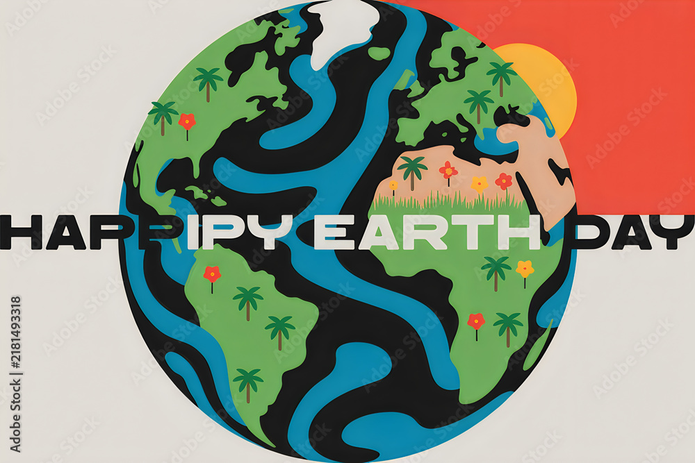 Fototapeta premium Happy earth day illustration with colorful globe and text illustration