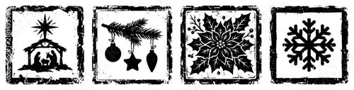Christmas holiday elements set including nativity and snowflake in square distressed stamp style