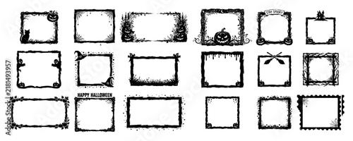 Halloween photo frames set featuring pumpkins cats and spooky symbols in sketchy ink style