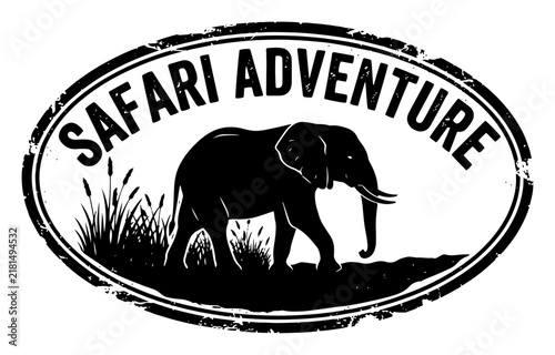 Safari adventure elephant silhouette in nature landscape within oval distressed stamp style