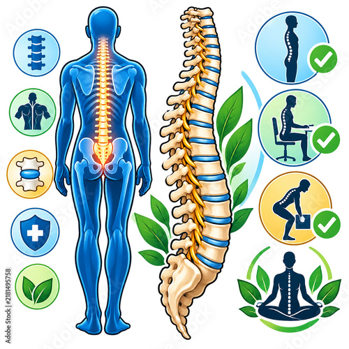 Spinal column anatomy diagram showcasing healthy posture techniques, vertebrae structure, and back pain prevention.