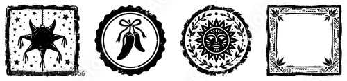 Mexican cultural symbols set featuring pinata chili peppers and aztec sun in vintage stamp style