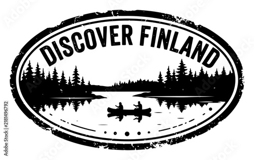 Discover Finland travel seal with lake pine forest and canoe in distressed stamp style