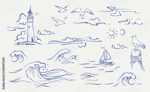 Hand drawn set of coastal summer waves and lighthouse. Line drawing sea theme vector illustrations design