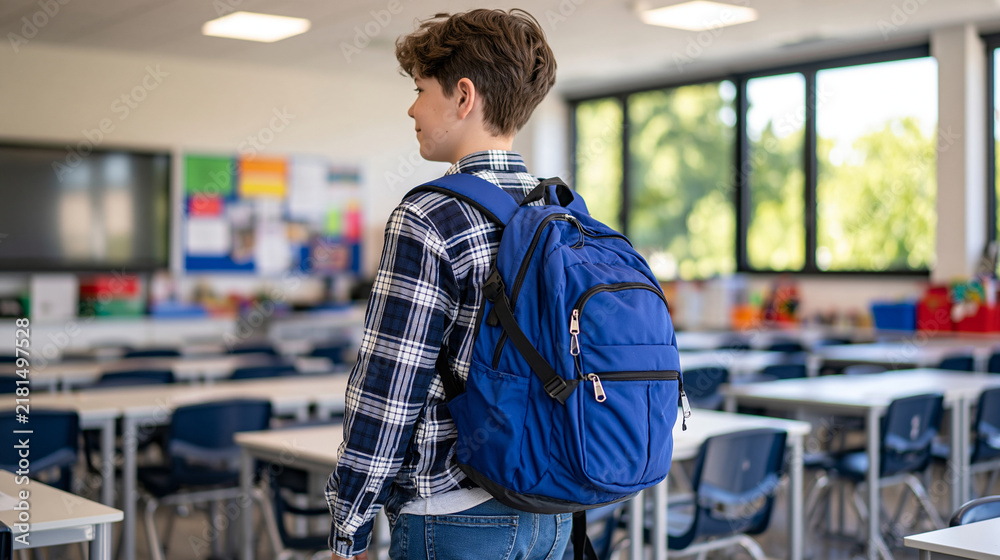 Obraz premium Rear view of a student with a blue backpack entering a bright contemporary classroom, face cropped outside the frame, rows of desks, educational materials and large windows in the background, clean 