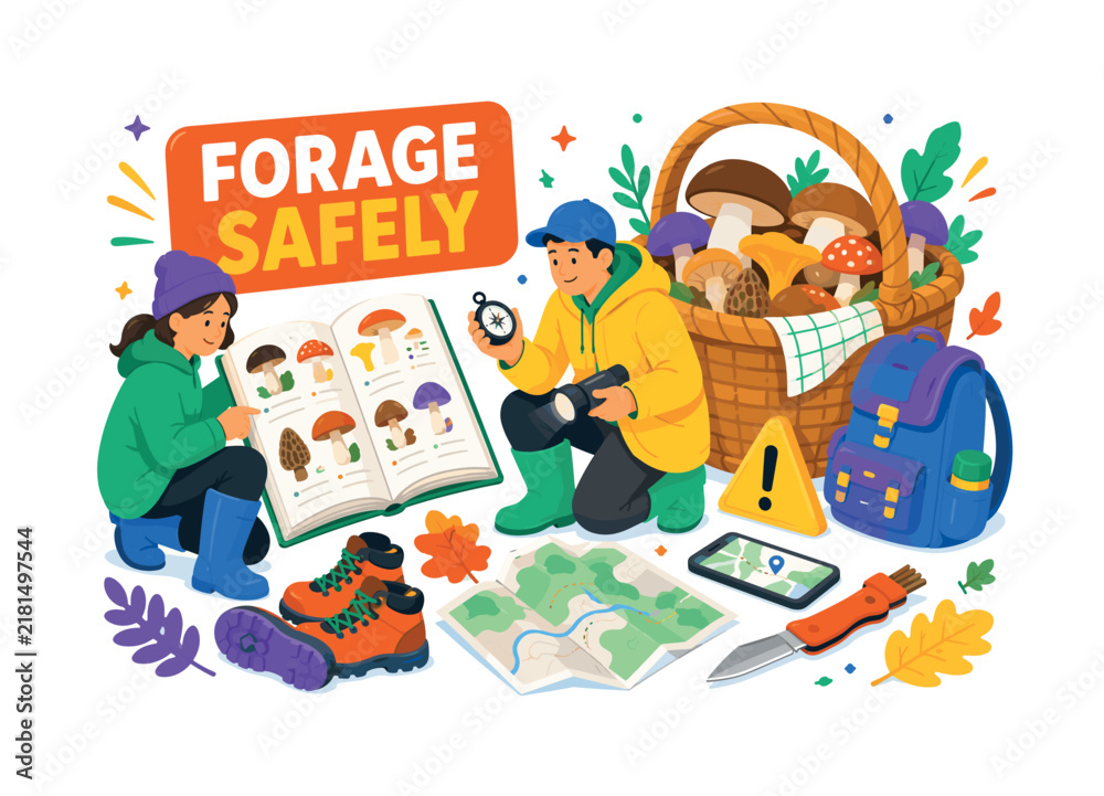 Naklejka premium Mushroom Foraging Preparation lively banner scene with two foragers studying an oversized field guide beside a giant mushroom basket, one checks a compass while another uses a flashlight, boots,