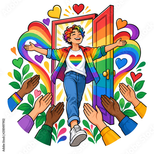 Young person steps proudly through an open rainbow door surrounded by applauding hands and colorful heart motifs.