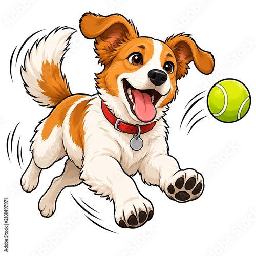 Playful dog with white and brown fur leaps joyfully through the air chasing a bright yellow-green tennis ball.