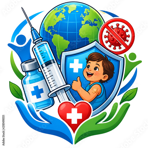 Child vaccination and global healthcare concept illustration displays a smiling boy behind a medical shield with a syringe, vial, and globe.