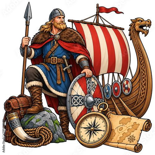 Viking warrior stands proud with spear and shield beside a traditional dragon longship, ancient compass, and navigation map.