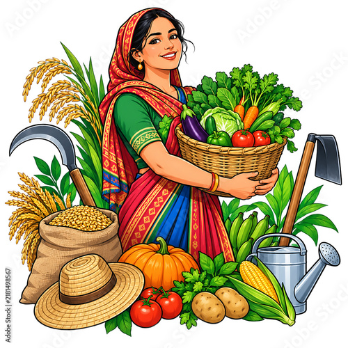 Indian female farmer wearing traditional colorful saree and holding a wicker basket full of freshly harvested vegetables in rural farm setting.