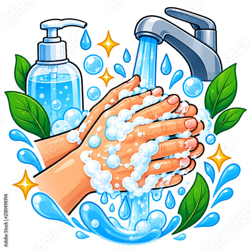 Human hands washing with lathered soap bubbles under running tap water promotes hygiene and protection against germs.