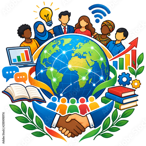 Global community illustration depicts diverse people surrounding planet Earth with books, technology icons, and a handshake.