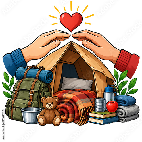 Cardboard shelter protected by caring hands contains cozy blankets, backpack, supplies, and a teddy bear for refugee aid relief.