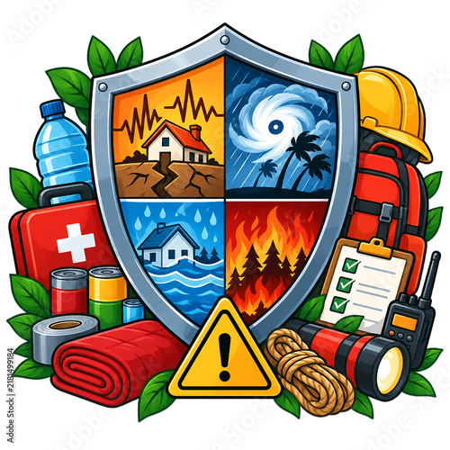 Emergency disaster preparedness icon shield displays natural hazards beside safety supplies including a first aid kit, flashlight, and survival gear.