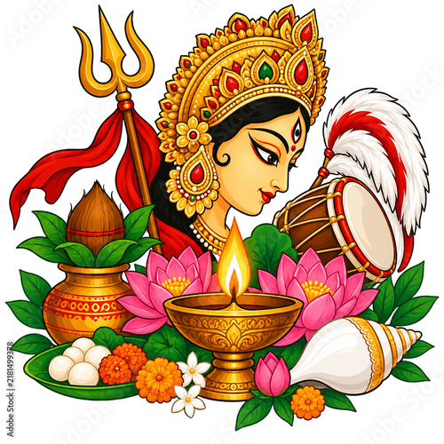 Goddess Durga illustration features an ornate golden crown, burning oil diya, sacred conch shell, and vibrant pink lotus flowers for the Hindu festival.