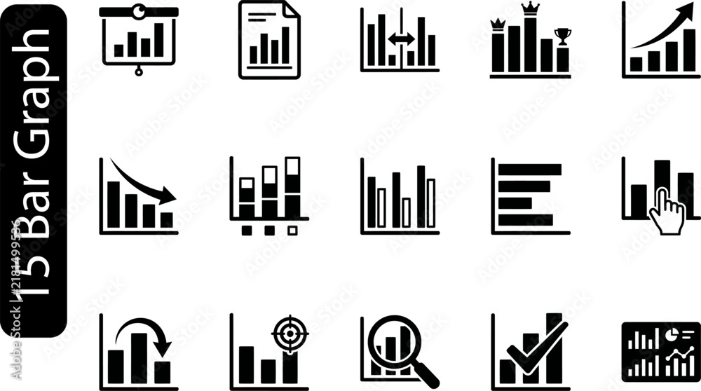 Obraz premium Set of fifteen black bar graph icons representing various business data analysis and financial statistics report charts