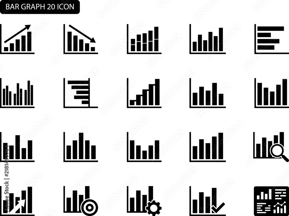 Obraz premium Set of black and white bar chart icons representing business data analysis and financial growth performance metrics