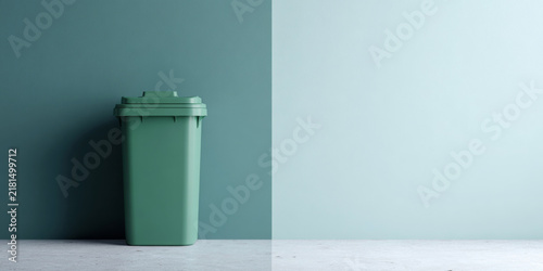 Obraz na płótnie Green trash bin against two-tone wall
