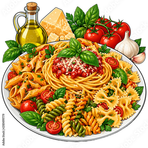 Pasta platter arranged with spaghetti, penne, fusilli, fresh basil, garlic, and olive oil rendered in vibrant colors.