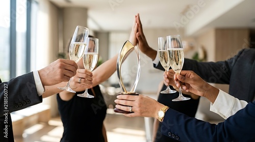 Business team members toast with champagne flutes around a corporate trophy during a victory celebration.