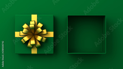 Blank green gift box or top view of green present box tied with gold ribbon bow isolated on dark green gradient background with shadow minimal conceptual 3D rendering