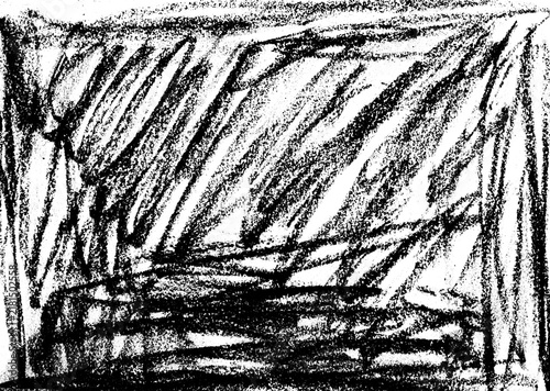 High-contrast black-and-white abstract drawing with bold charcoal-like strokes, rough hatching, dense scribbled marks, and energetic diagonal lines. The composition combines heavy dark areas.