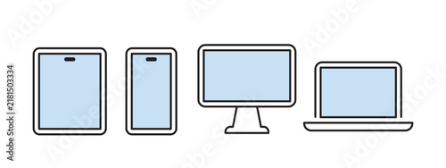 シンプル　イラスト　スマホやタブレット、パソコンなどデジタル機器セットのベクターイラスト