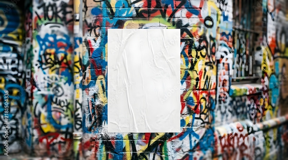 Obraz premium Blank white paper poster mockup pasted on colorful urban graffiti brick wall