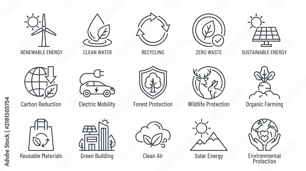 Fototapeta premium Environmental protection and green sustainability vector icon set