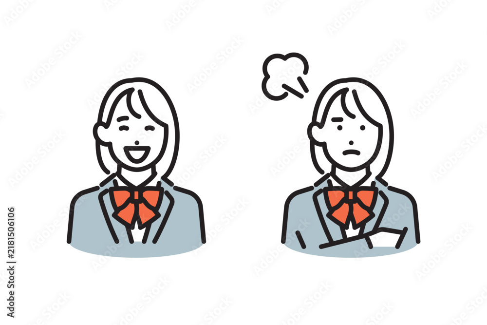 Fototapeta premium シンプル イラスト 笑顔と腕を組んで怒る表情の女子学生セット ベクターイラスト