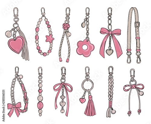 Cuadro en lienzo Set of cute keychain bag charms with tassels, bows, beads and heart pendants