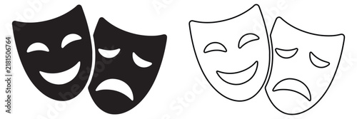 comedy and tragedy theater masks icon set with solid and outline styles isolated on white background vector