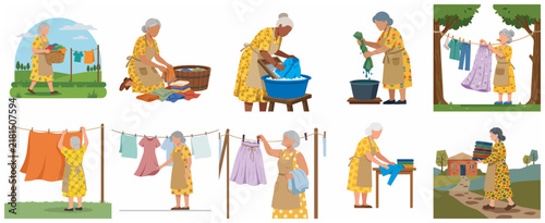 Canvastavla Senior Woman Doing Laundry and Household Chores Flat Illustration Set
