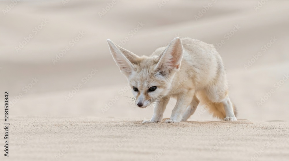 Obraz premium Fennec Fox in the Sand Dune: A fennec fox with enormous ears and a sandy coat moves cautiously across a vast sand dune, its small frame blending perfectly with the arid desert landscape.