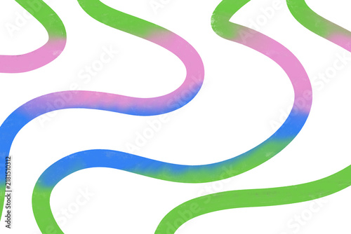 Abstract pastel ribbons in green, pink, purple, and blue sweep across a white background, forming flowing curves and loops with textured brushwork and a fresh, playful composition.