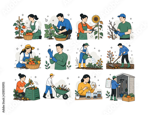 Garden End Season. Final harvesting, pruning, watering, raking, composting, seed saving, tool storage, wheelbarrows, garden beds, and seasonal cleanup. 12 minimalist editorial vector scenes: gardener