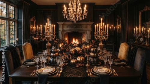 Gothic Dining Elegance: A grand dining room, sumptuously adorned in dark, opulent tones, sets a scene of dramatic elegance with a long table meticulously set for a feast.