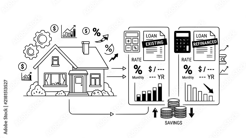Fototapeta premium Conceptual illustration showing the financial process of refinancing a home mortgage loan
