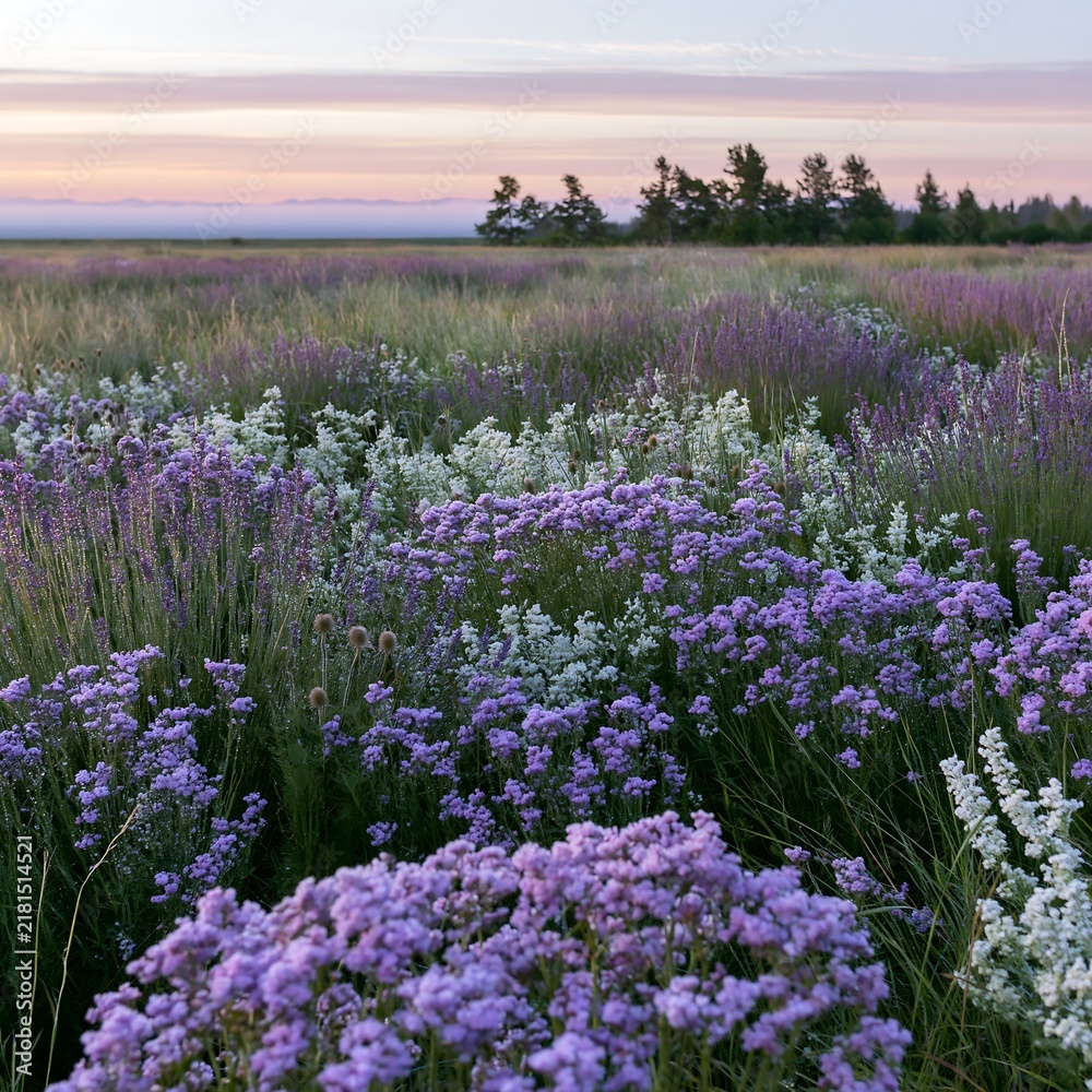 Fototapeta premium Colorful lavender meadow with flowers under a sunset sky