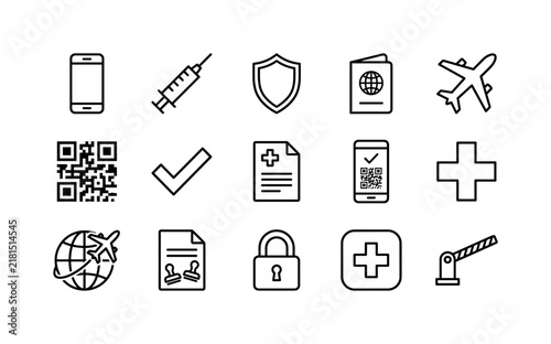 Digital Vaccine Passport, line icon set featuring smartphone, vaccine certificate, QR-like abstract code block without readable data, shield, syringe, passport, airplane, checkmark, lock, medical