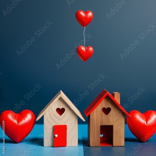 wooden house with red heart, Blue background