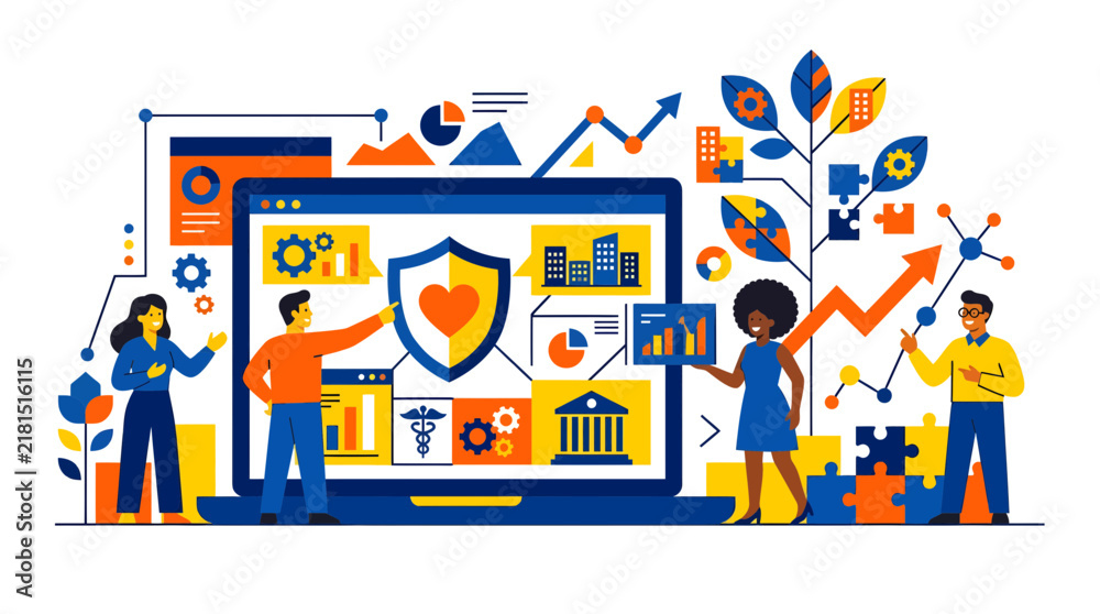 Fototapeta premium Dynamic business illustration with diverse professionals interacting around a large laptop displaying wellness and financial charts, concept for B2B employee benefits, ideal for corporate
