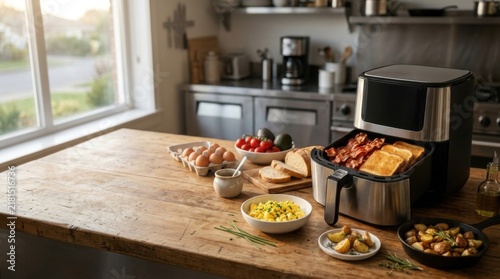 Breakfast scene on a kitchen counter with fresh ingredients and an air fryer