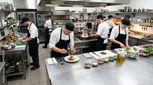 Busy Professional Kitchen Scene With Chefs Preparing Food