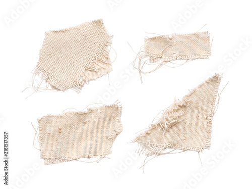 Torn fabric patch frayed canvas scrap set with loose threads isolated on black background for craft collage design, vintage burlap textile piece elements, damaged cloth swatches, rustic texture.