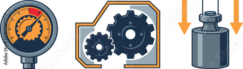 Industrial mechanical icons set featuring pressure gauge gears and heavy weight for engineering and maintenance