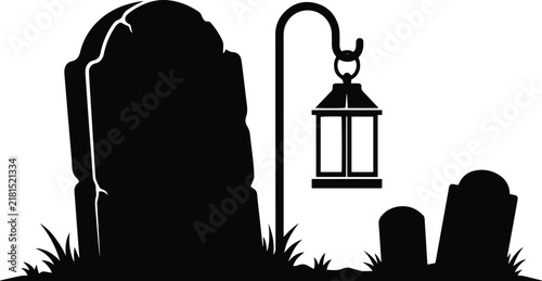 Obraz na plátne Tombstone with hanging lantern silhouette vector illustration for graveyard and